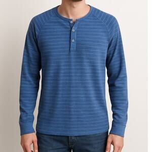 Goodthreads Men XXL Blue Striped Indigo Henley Long Sleeve